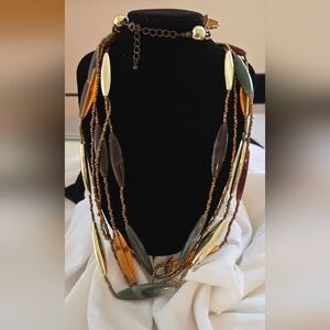 Elegant Multicolor Brown Green Gold Layered Beaded Necklace